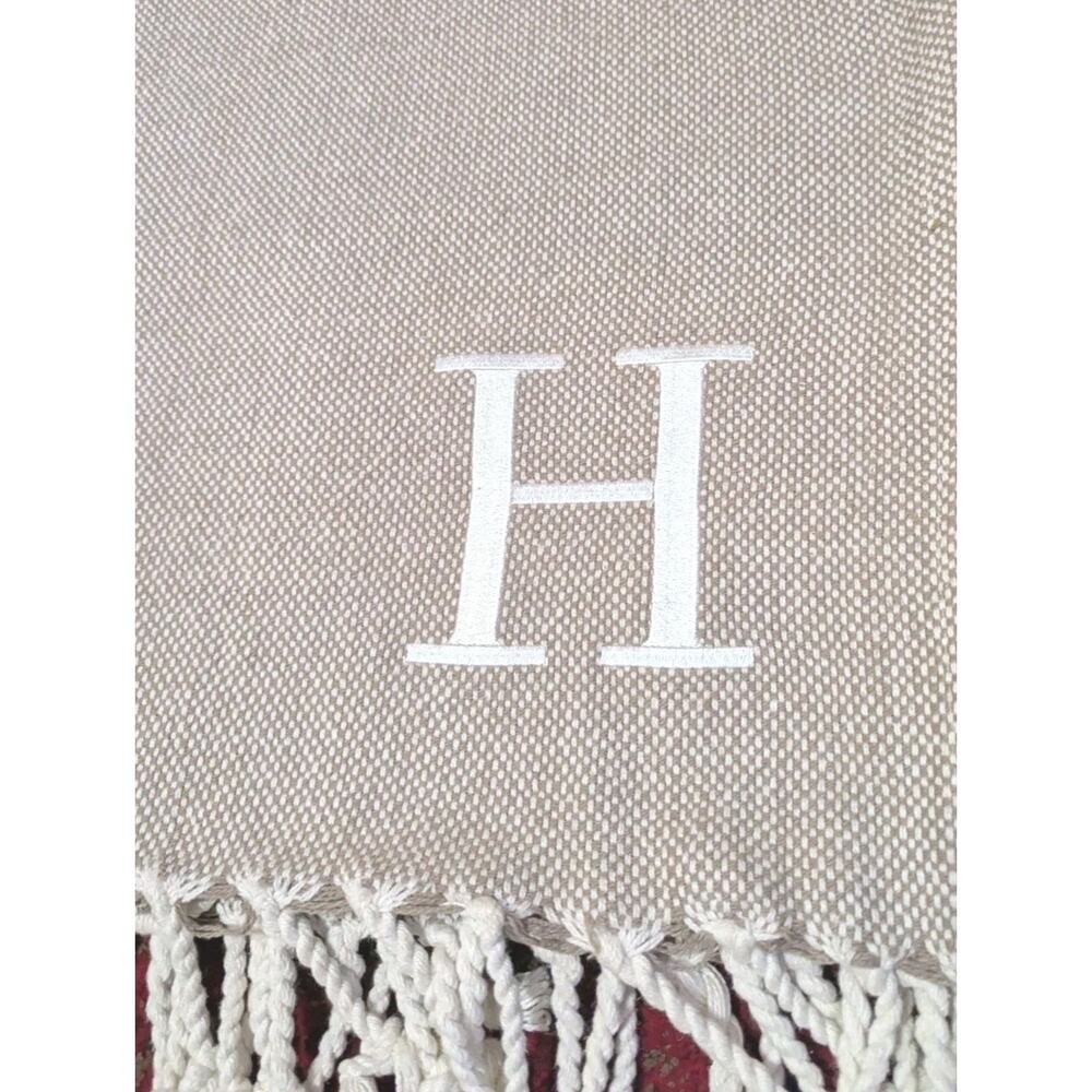 Mudpie Initial H Throw Blanket Woven Fringe 70"X50" Herringbone Monogram - Picture 5 of 11